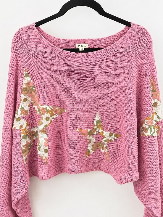 POL Sweaters - POL NWT Pink Floral Star Applique Open Knit Sweater Boho Size M